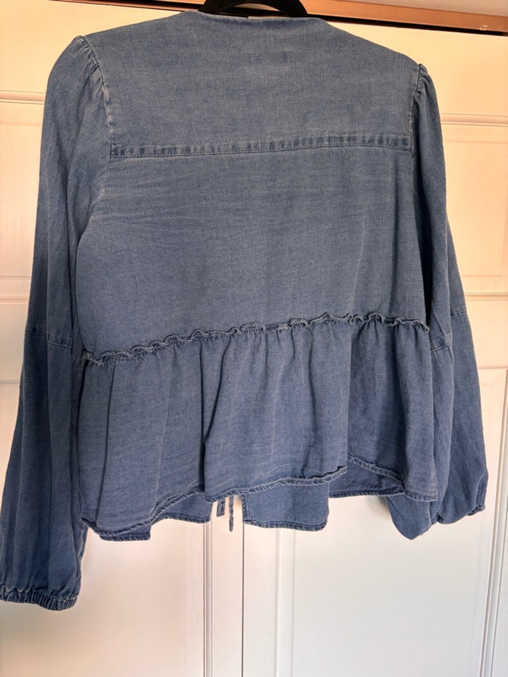 Light Blue Denim Tie-Front Peplum Top - Picture 3 of 3